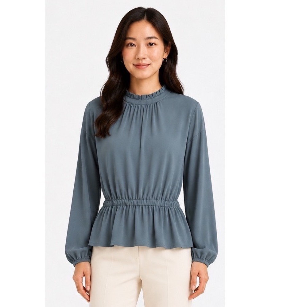 Ann Taylor Blue Ruffle Mock Neck Peplum Blouse Long Sleeve Top L Preppy 114-10